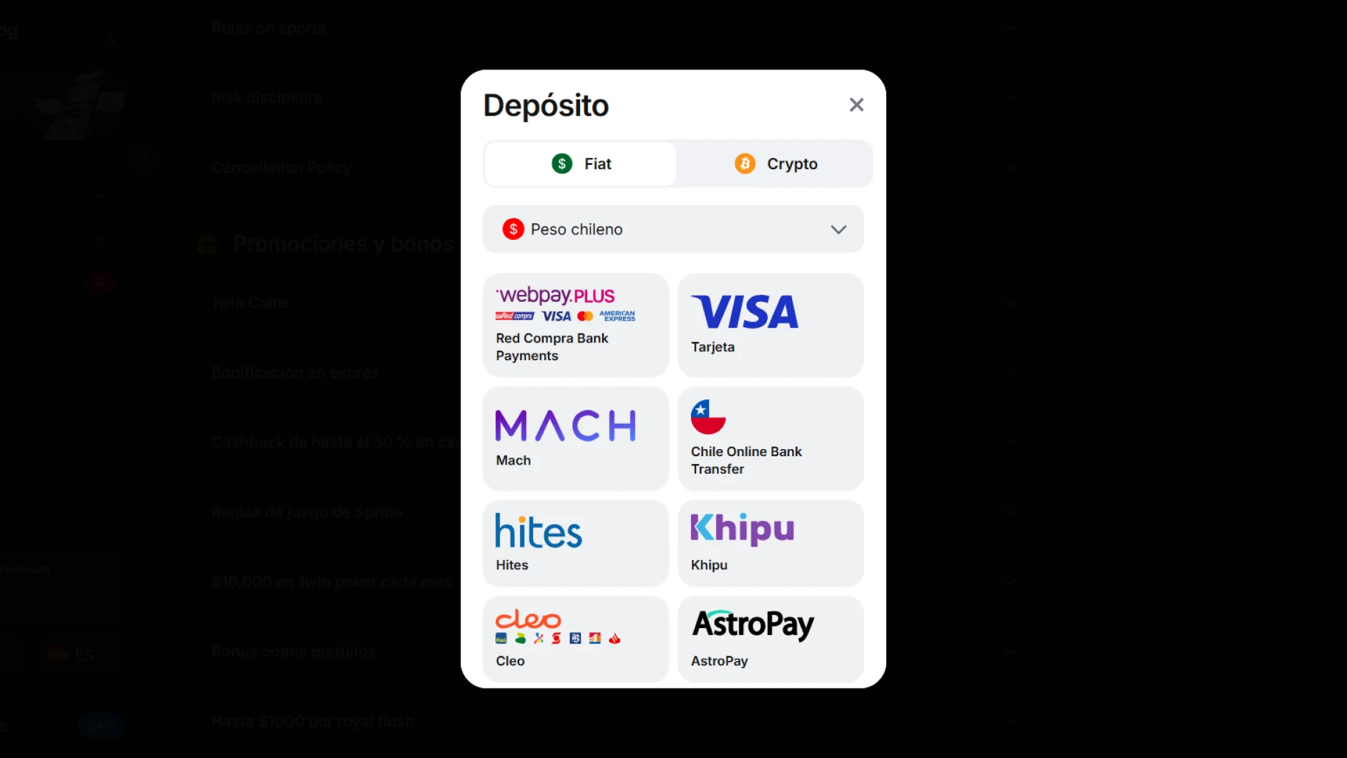 Realiza el depósito inicial para activar bonos en 1win Casino Chile.