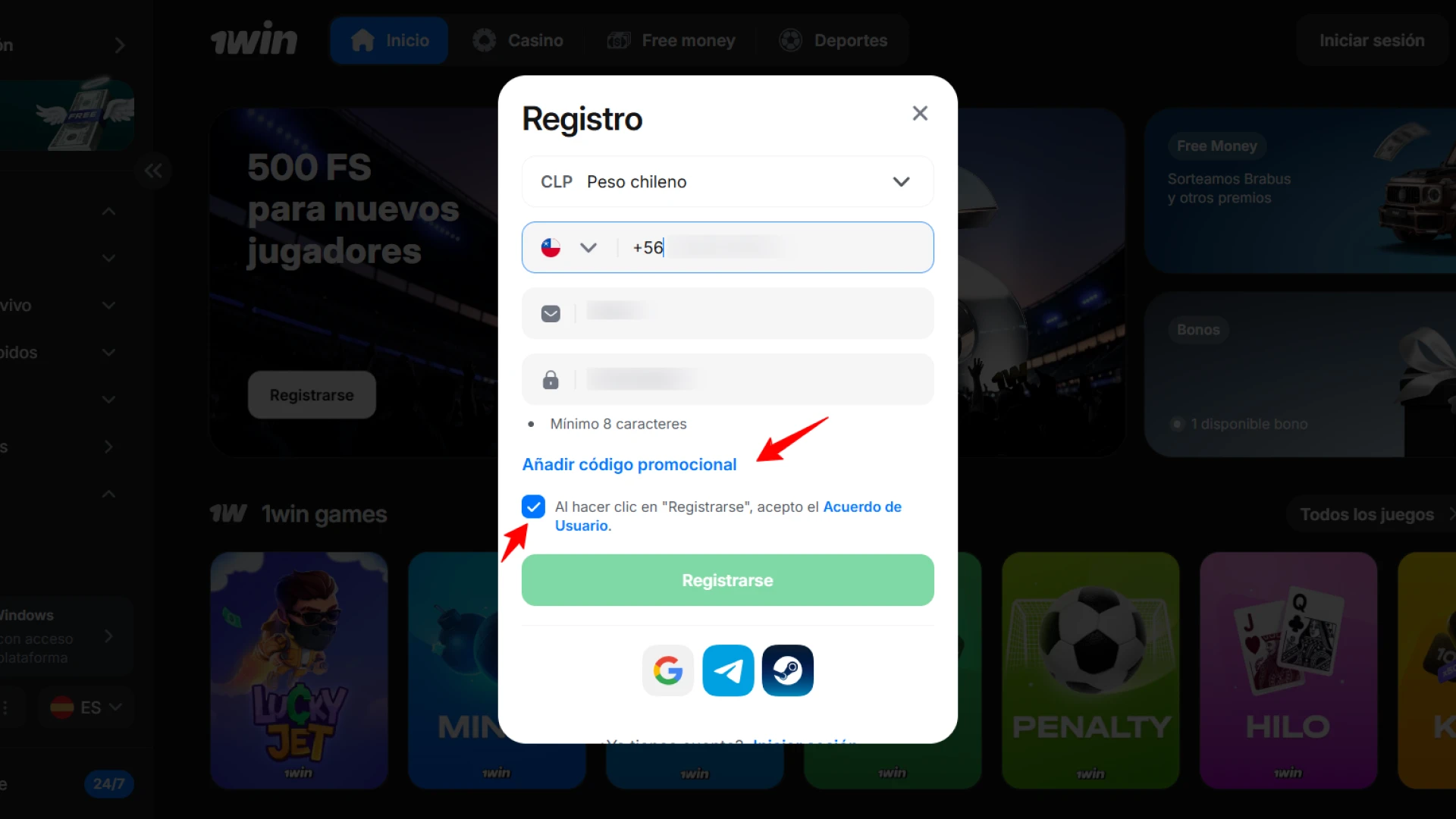 Aplica el código de registro y acepta términos en 1win Casino.