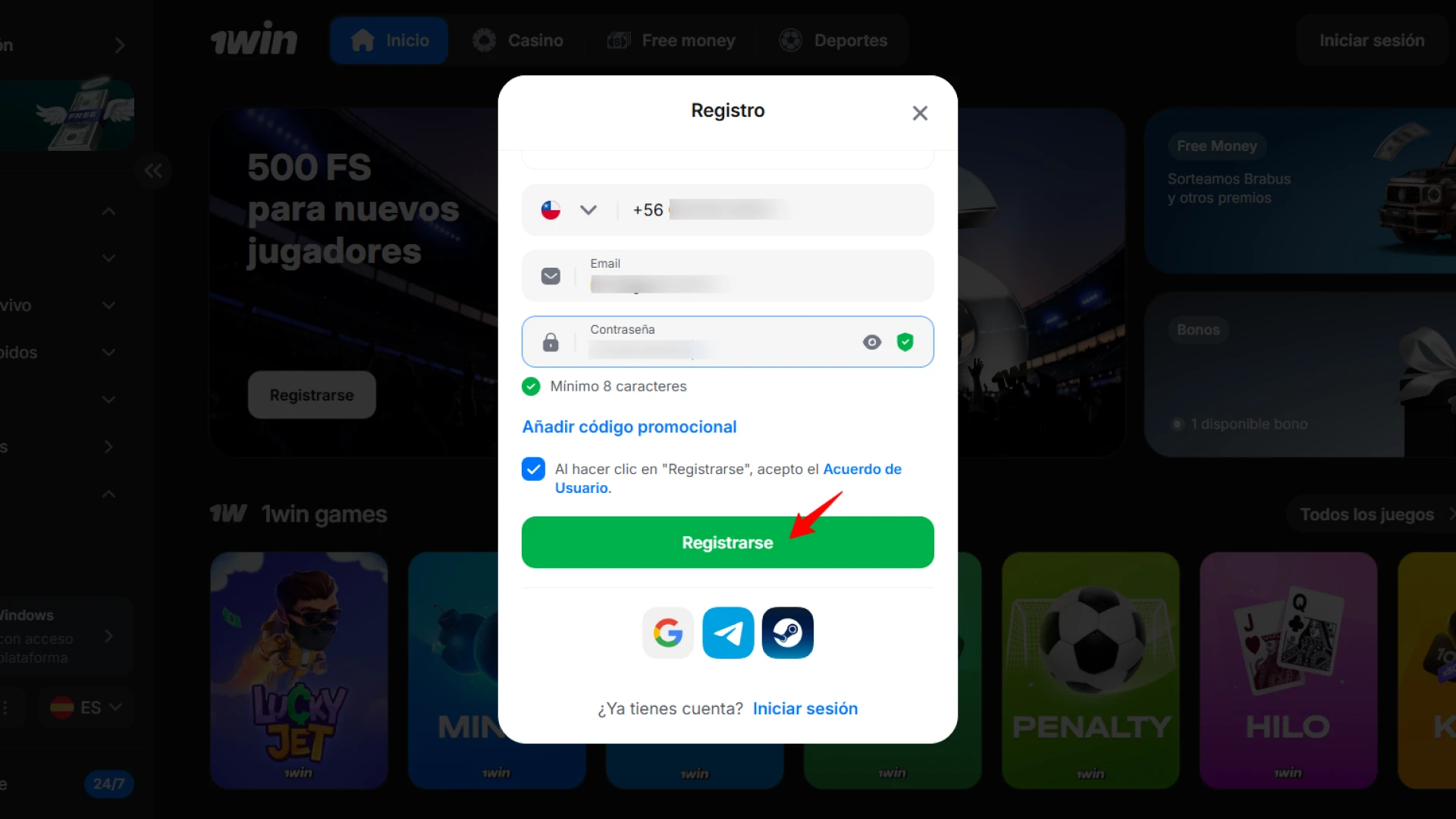 Confirma tu nuevo registro en 1win Casino y empieza a jugar.