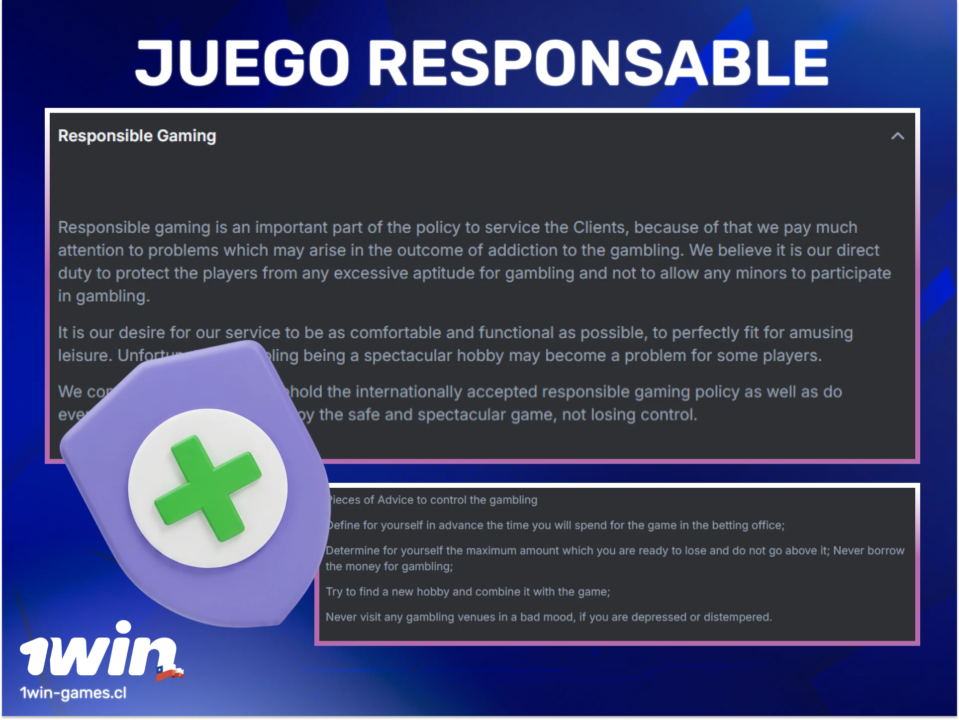 Practica el juego responsable al apostar en 1win Casino Chile hoy.