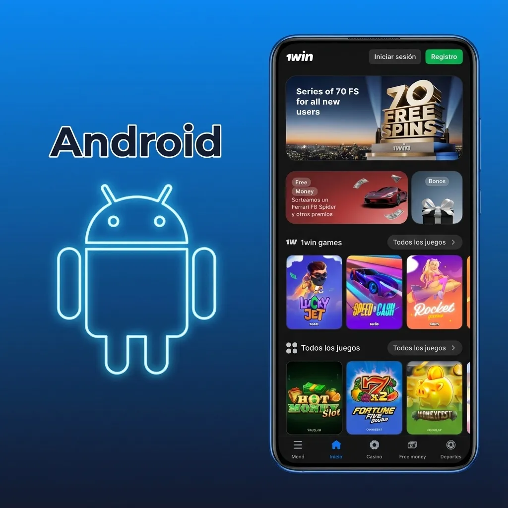 Pantalla de teléfono Android mostrando la app 1win abierta con opciones de apuestas y casino en español