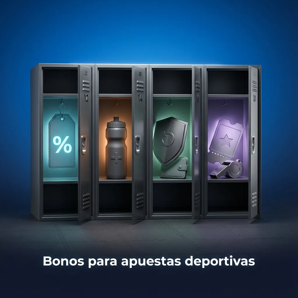 Banner de bonos para apuestas deportivas con iconos de fútbol, tenis, esports y textos sobre recarga, freebets y seguros.