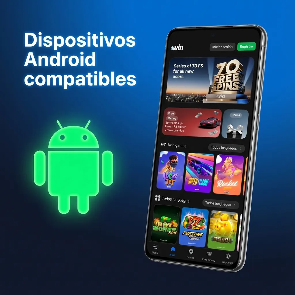 Varios smartphones Android chilenos mostrando la app 1win en pantalla, con modelos Samsung, Xiaomi, Motorola y Huawei