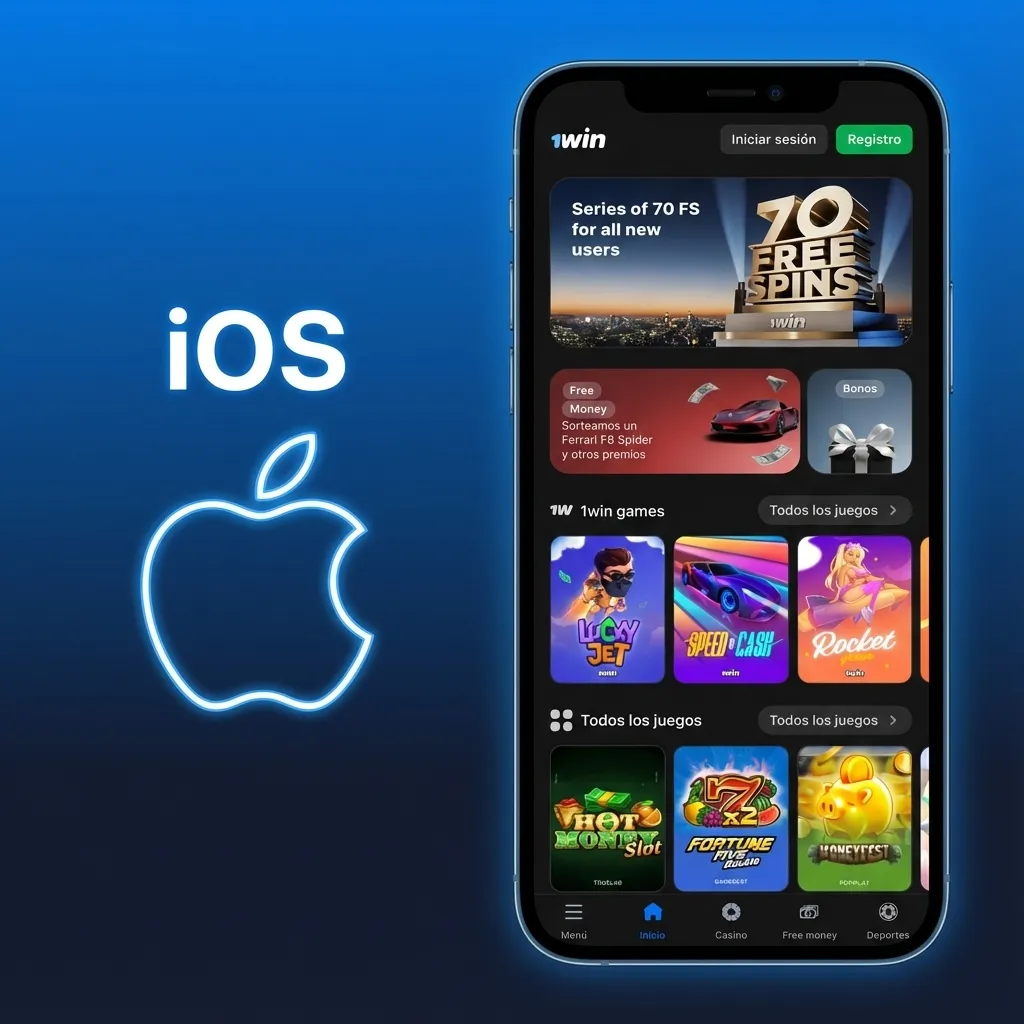 Ilustración de iPhone mostrando en Safari el sitio 1win con pasos para agregar acceso directo a la pantalla de inicio