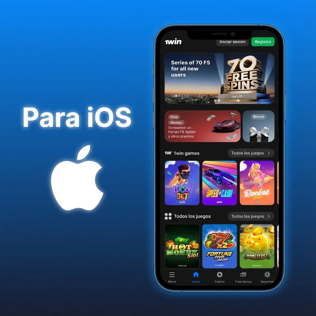 iPhone mostrando la app 1win para iOS y una lista numerada de pasos de descarga desde la App Store