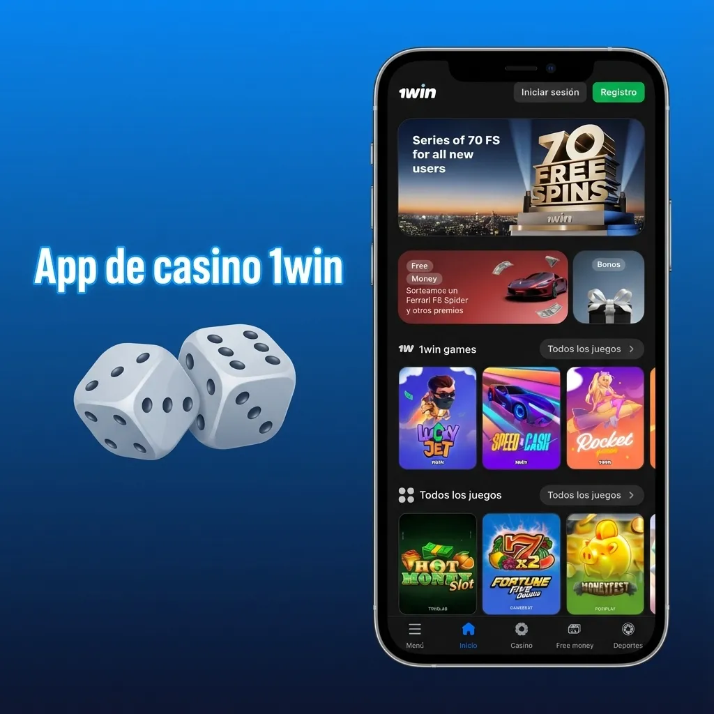 Pantalla de la app 1win casino mostrando slots, juegos de mesa, casino en vivo y bonos destacados en la interfaz móvil