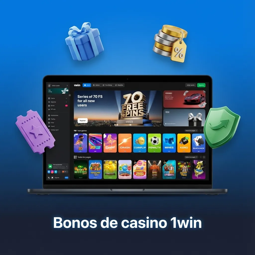 Banner de bonos de casino 1win con tragamonedas, ruleta y fichas, destacando recargas, giros gratis y cashback