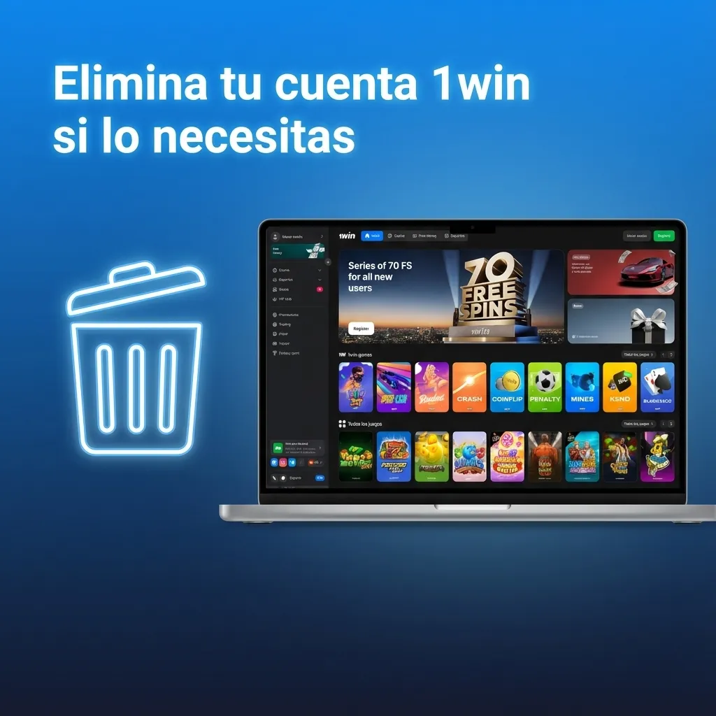 Ilustración de usuario cerrando su cuenta 1win en línea, revisando saldo y chateando con soporte en pantalla