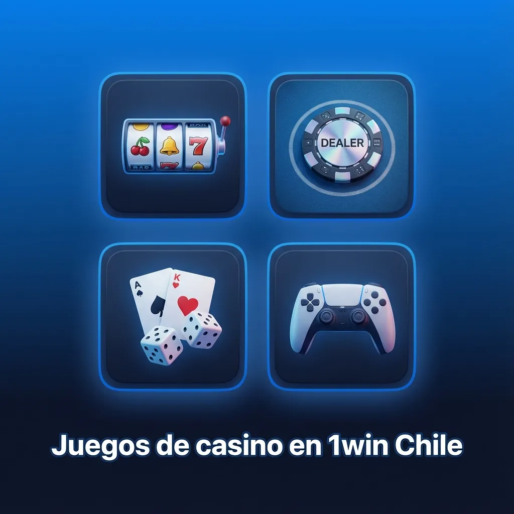 Interfaz de casino online 1win Chile con tragamonedas, ruleta, blackjack, póker y juegos en vivo con crupieres reales