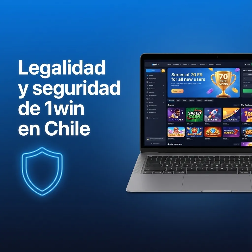 Ilustración de 1win en Chile con sello de licencia, candado SSL y mensajes de juego responsable y normativa local