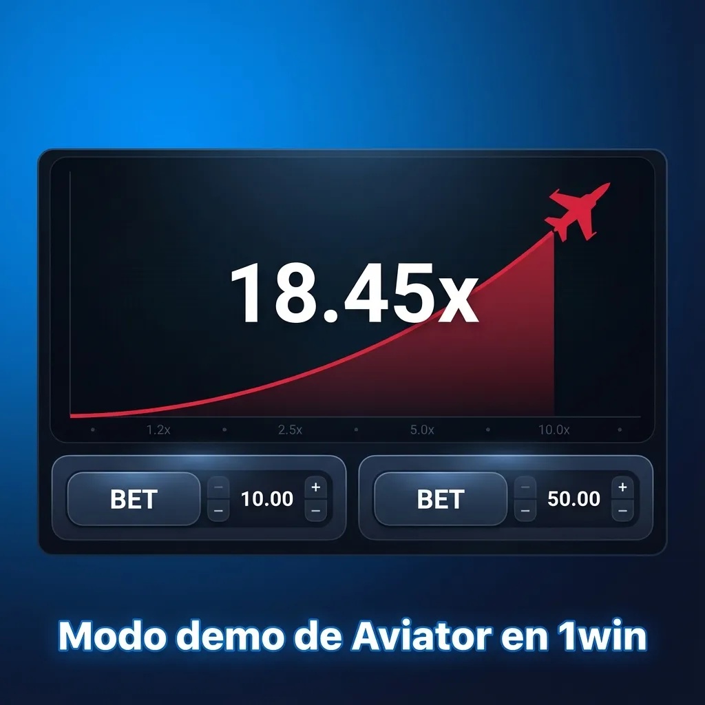 Pantalla de Aviator demo en 1win mostrando avión, multiplicador en aumento y saldo virtual sin riesgo
