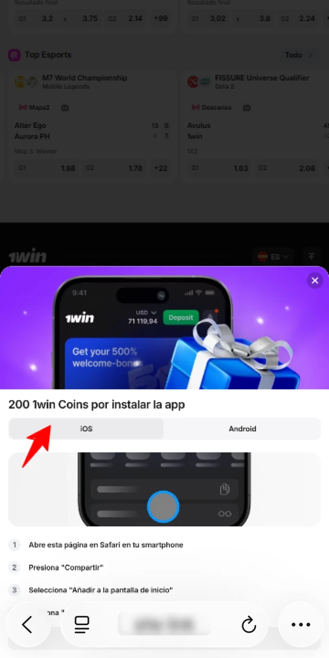 Busca el botón de compartir para instalar la 1win App en iOS.