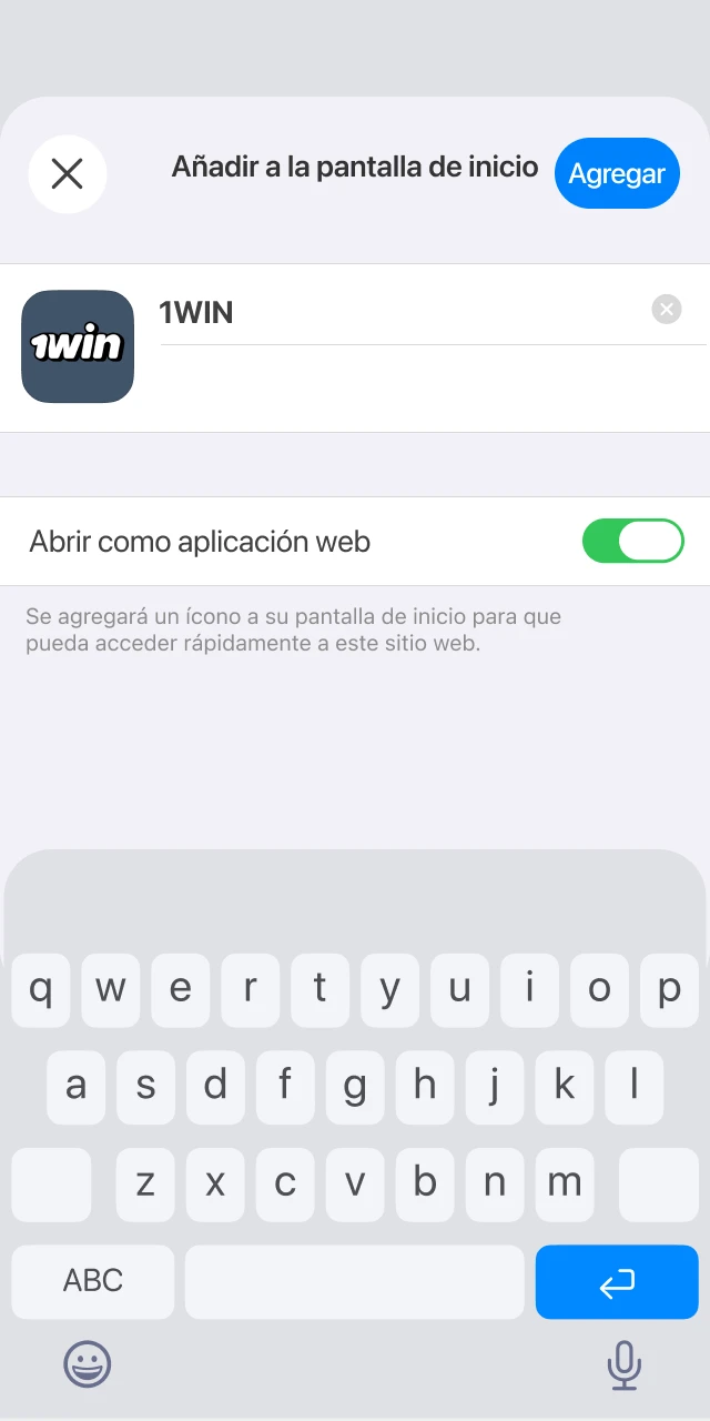 Confirma la acción para finalizar la instalación de 1win App en iOS.