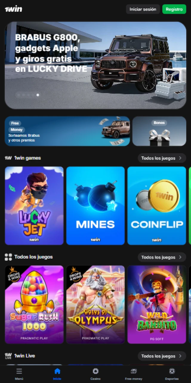Explora la interfaz principal de la 1win App para jugar hoy.
