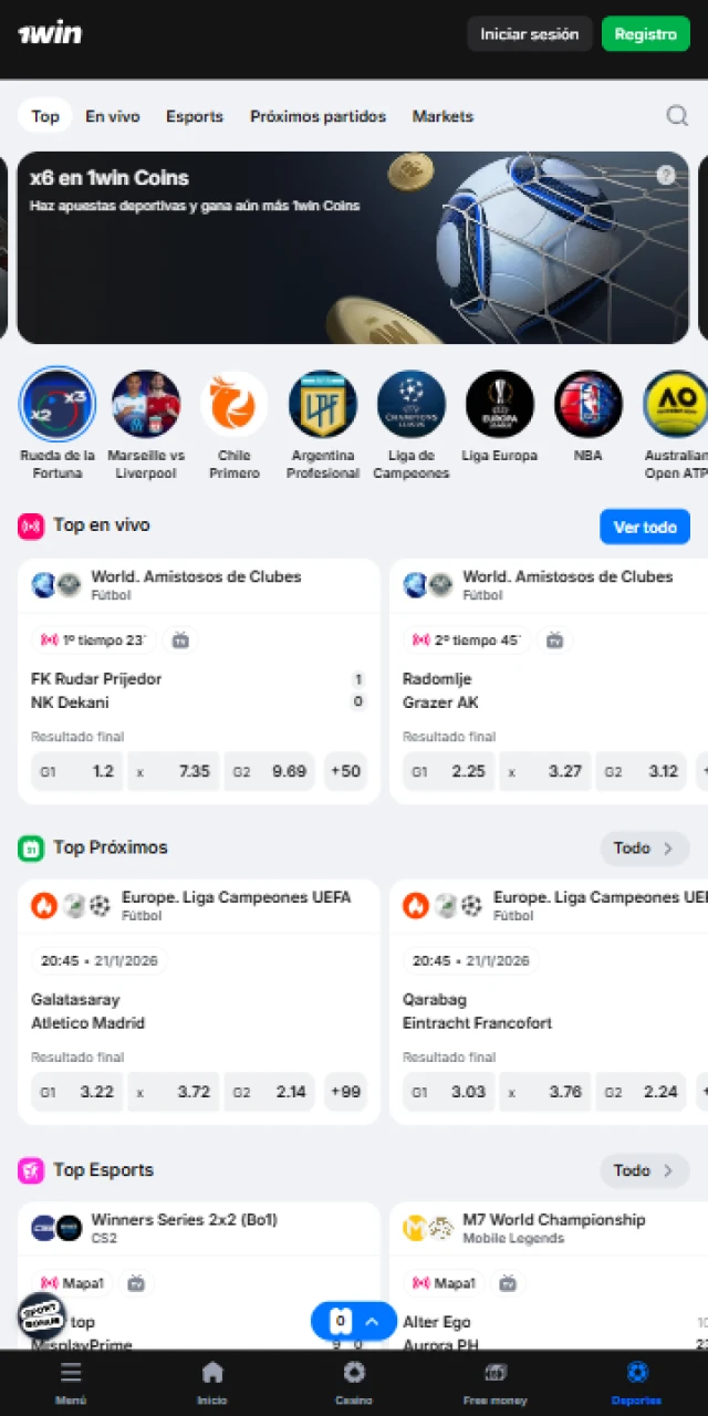 Apuesta en eventos deportivos mundiales desde la 1win App móvil.