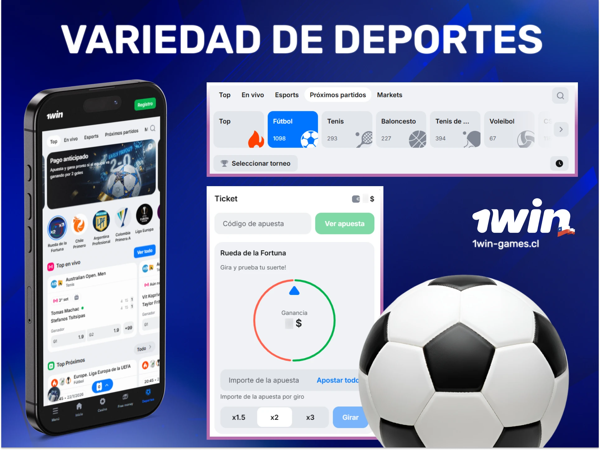 Apuesta en la gran variedad de deportes disponibles desde la app de 1win.
