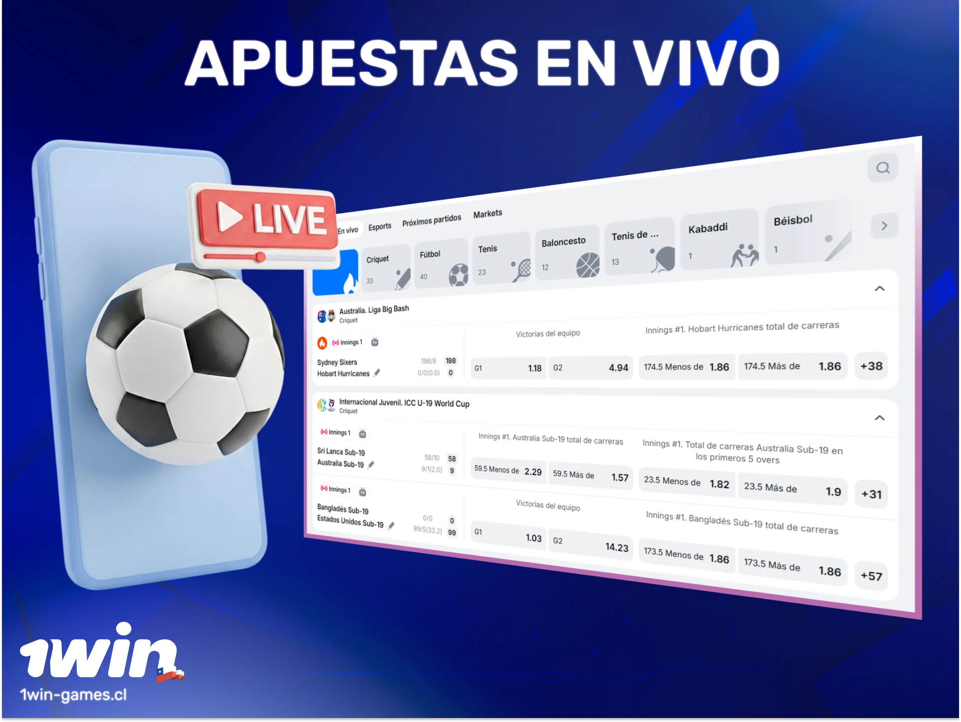 Participa en las apuestas en vivo de 1win Chile para ganar con los eventos en directo hoy.