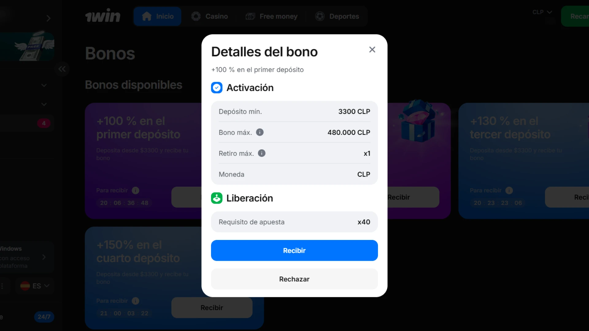 Cumple las condiciones de liberación para retirar tus ganancias de 1win Chile.