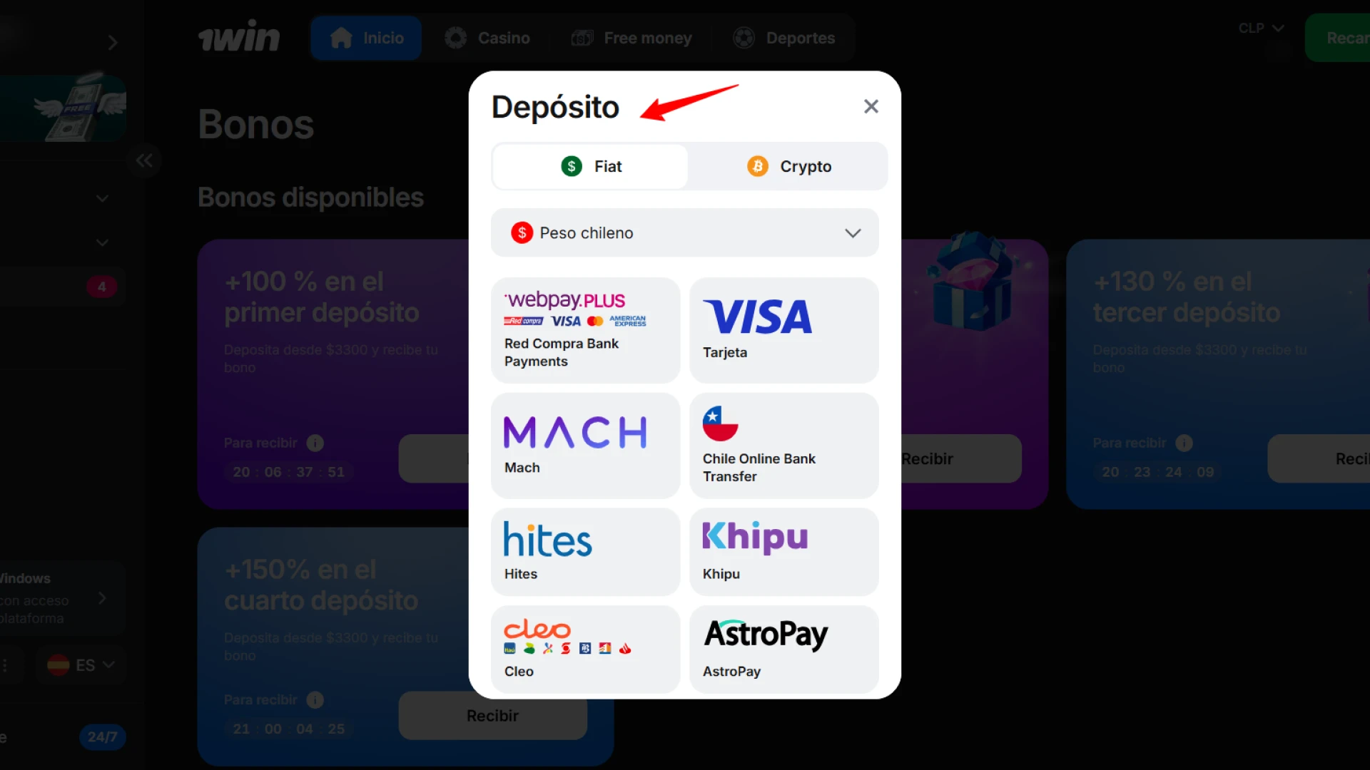 Haz un depósito seguro en Chile para cargar fondos en tu cuenta de 1win.