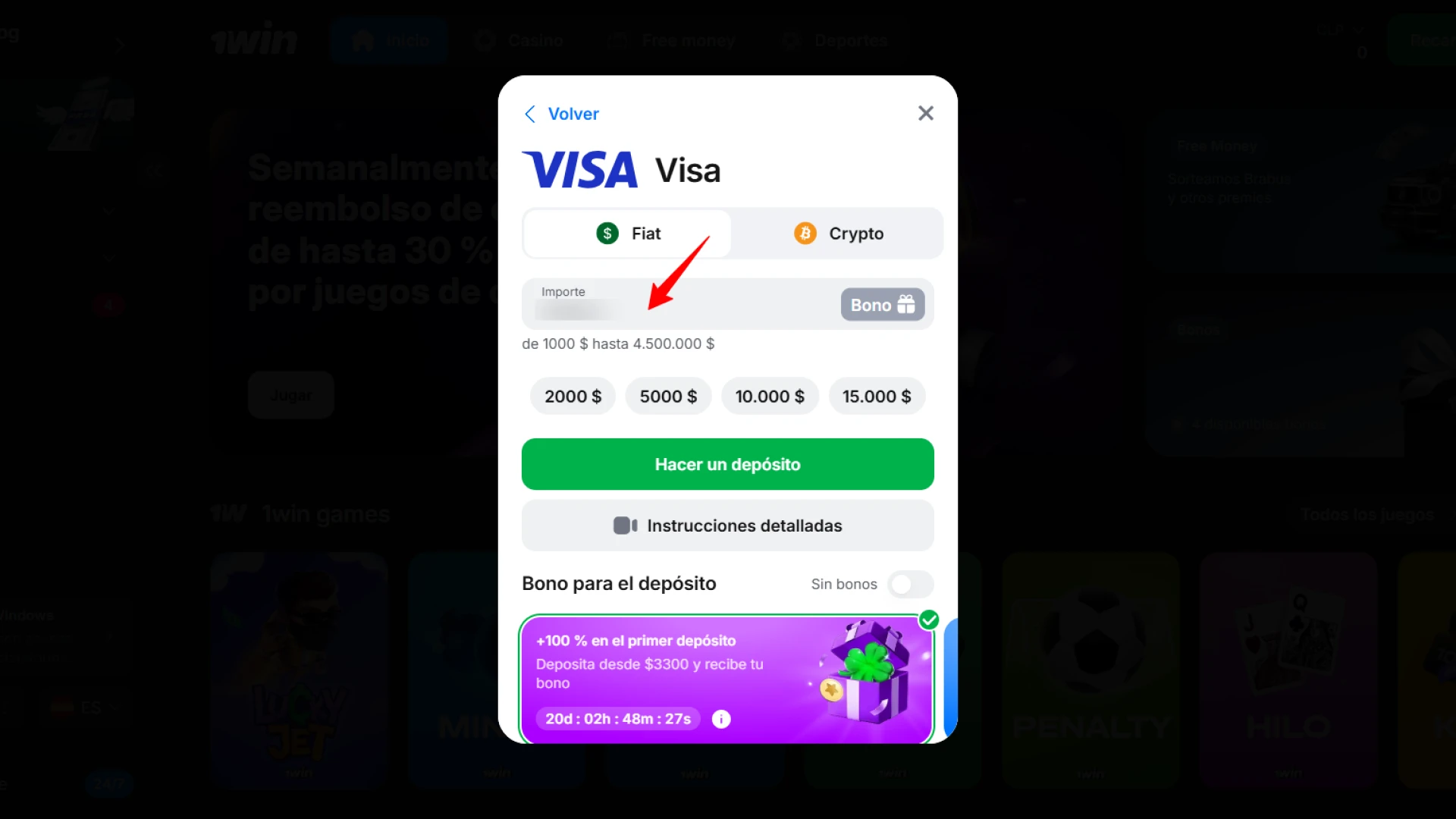 Indica el monto que deseas depositar para comenzar a jugar en 1win.