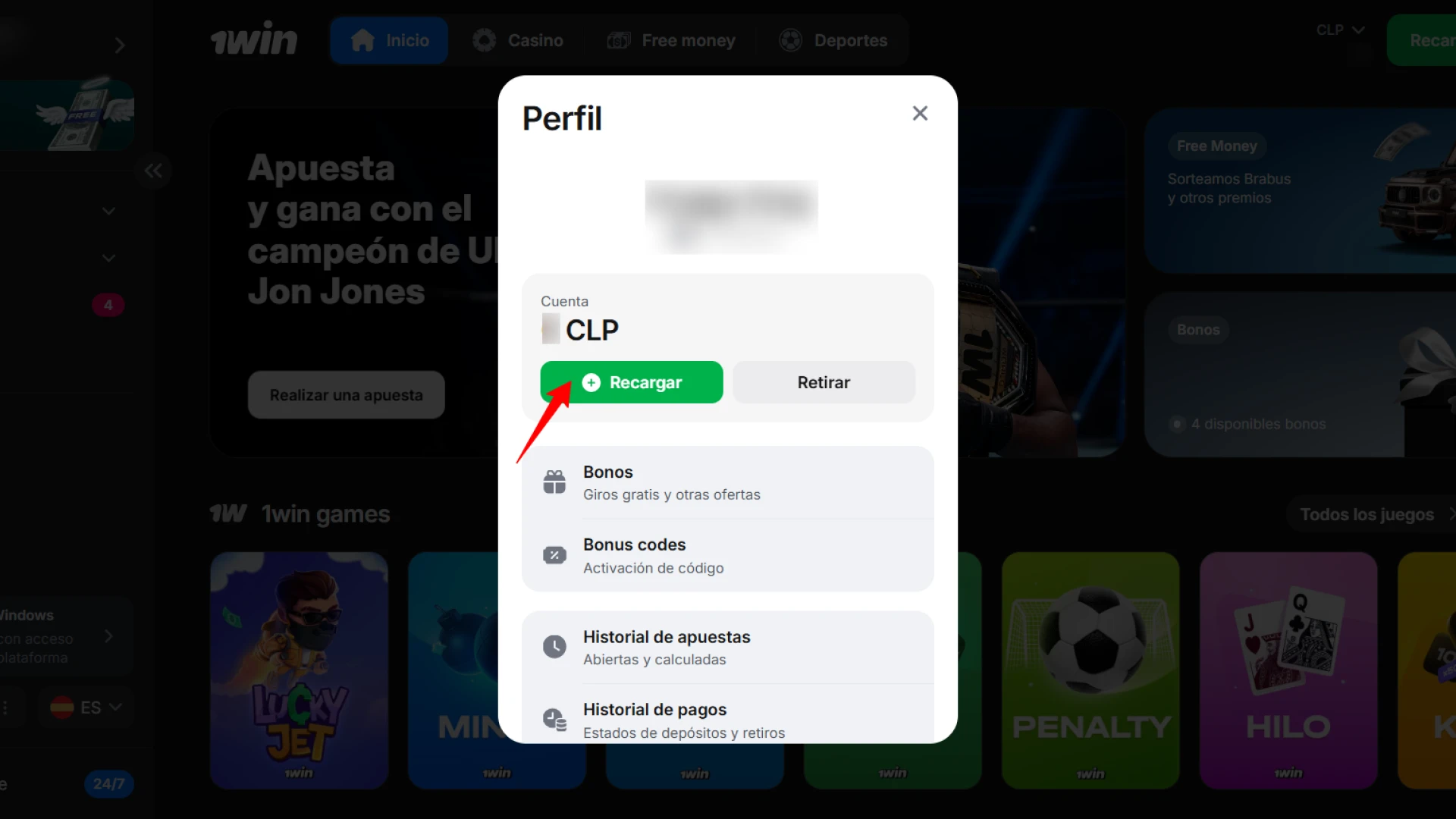 Dirígete a la sección de depósitos para agregar fondos a tu cuenta de 1win.