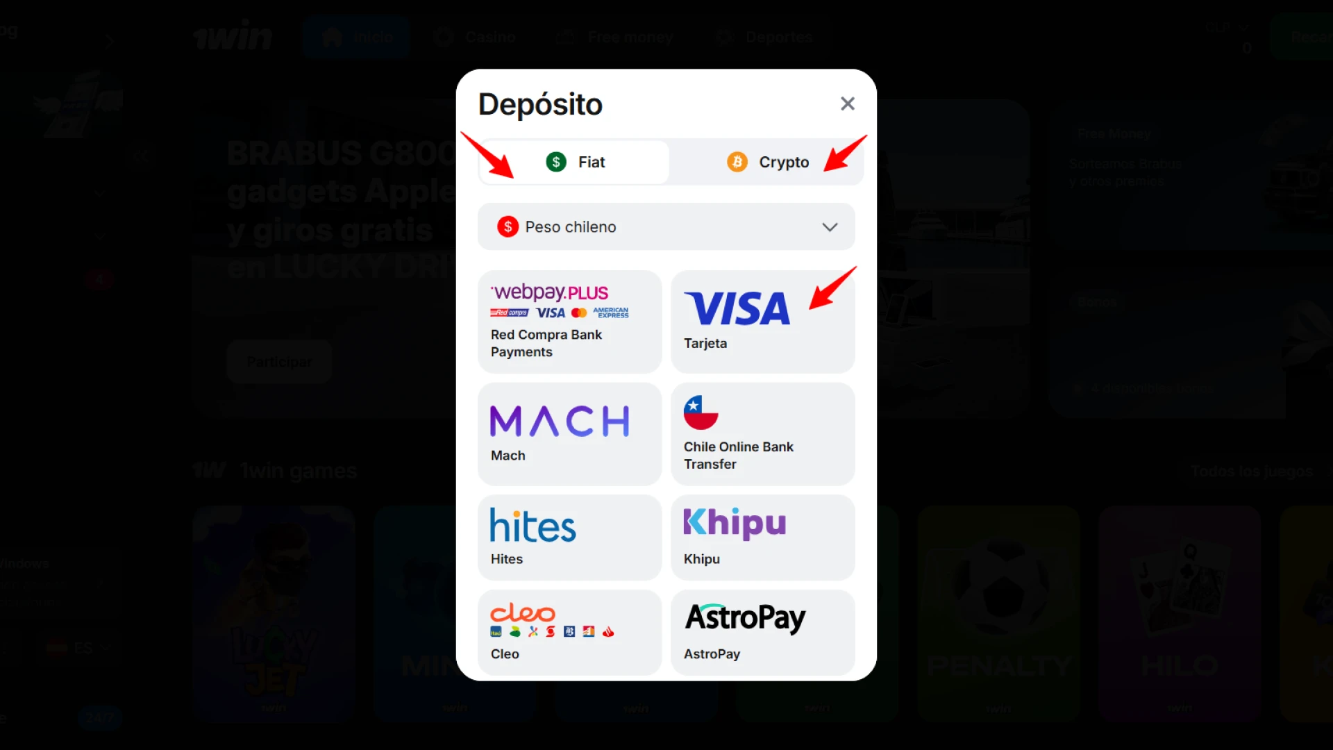 Selecciona el método de ingreso que prefieras para depositar en 1win Chile.