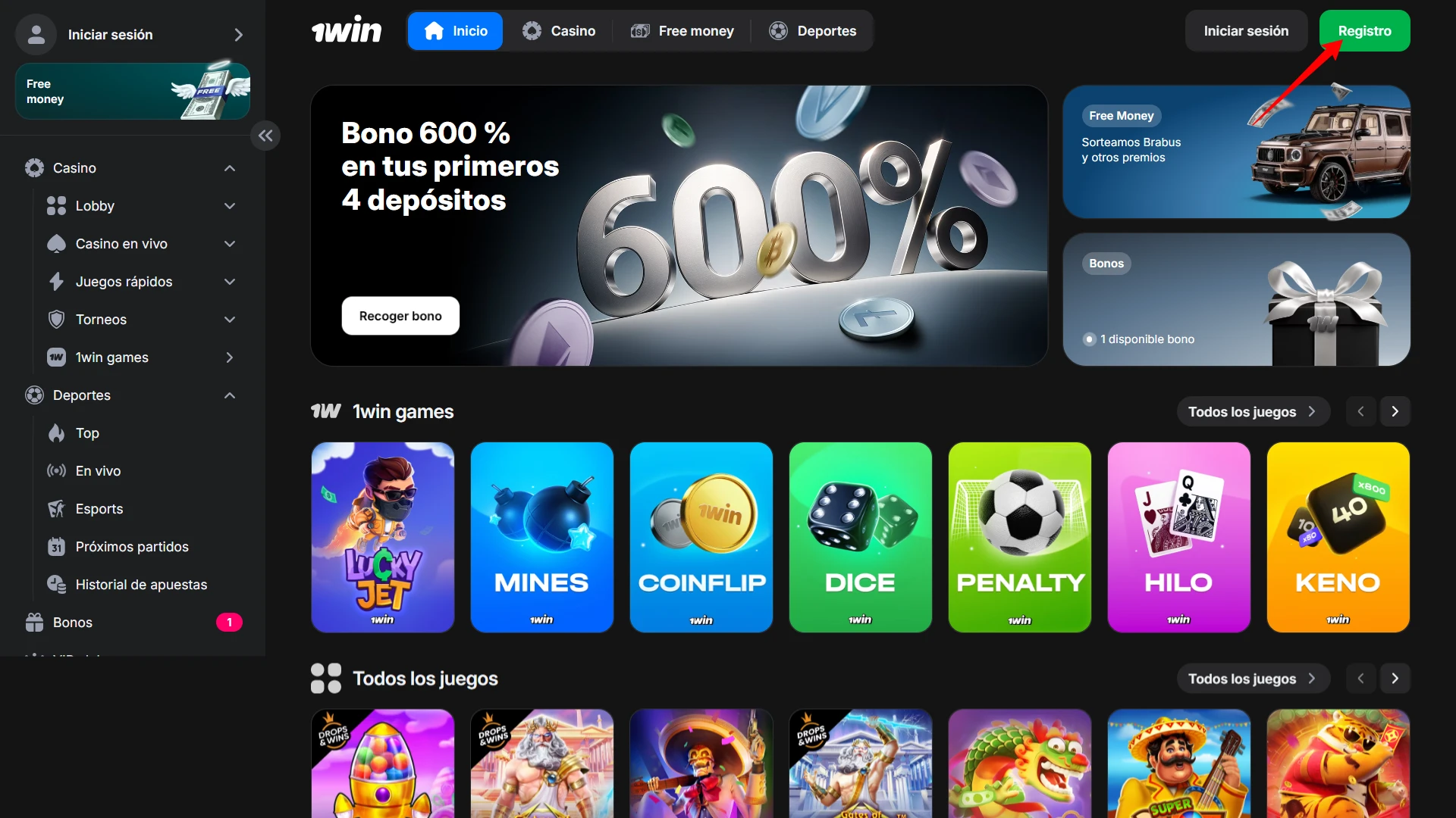 Haz clic en el botón de registro para unirte a 1win Casino.