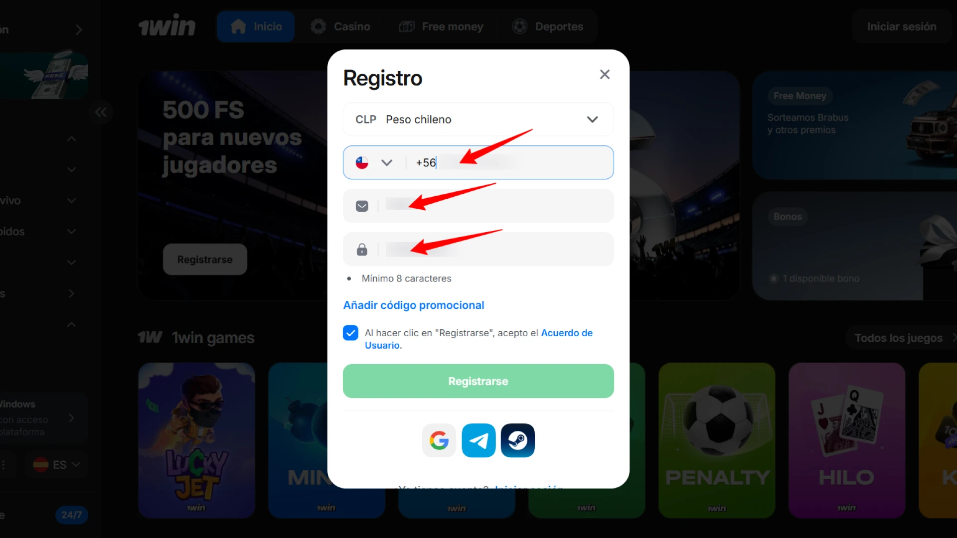 Introduce tus datos para completar el registro en 1win Casino Chile.