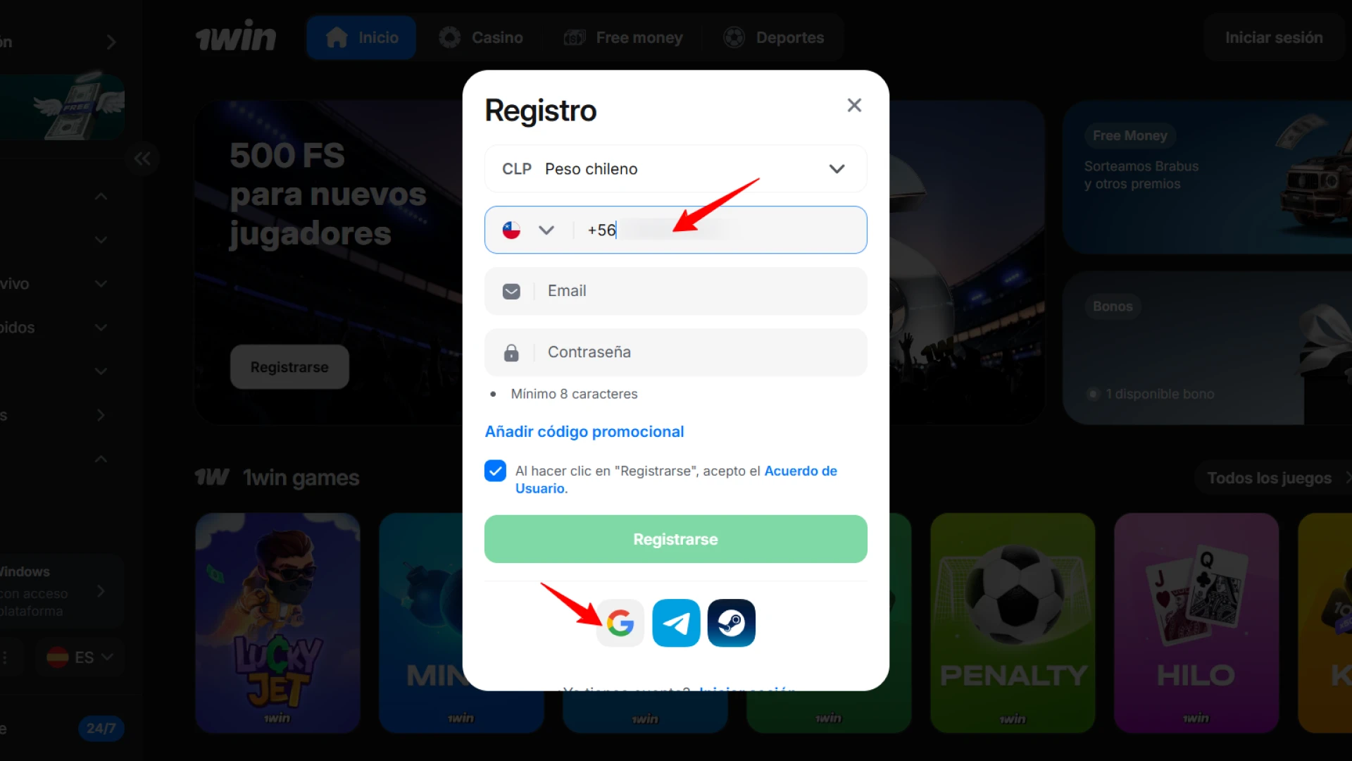 Selecciona un método de registro rápido en la plataforma 1win Casino.
