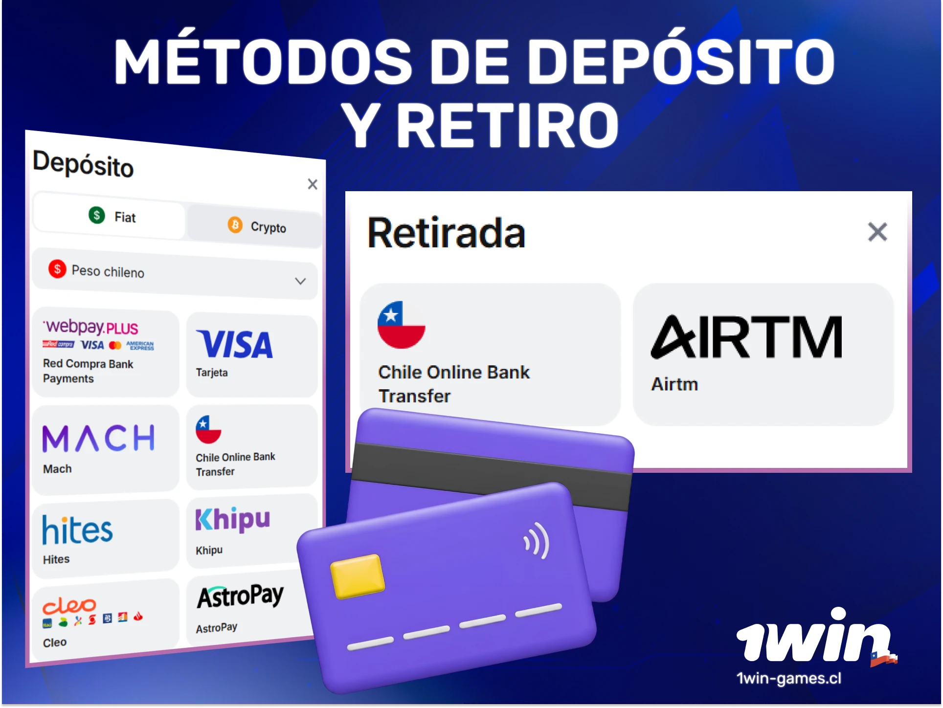 Utiliza los métodos de depósito y retiro en 1win Casino Chile.