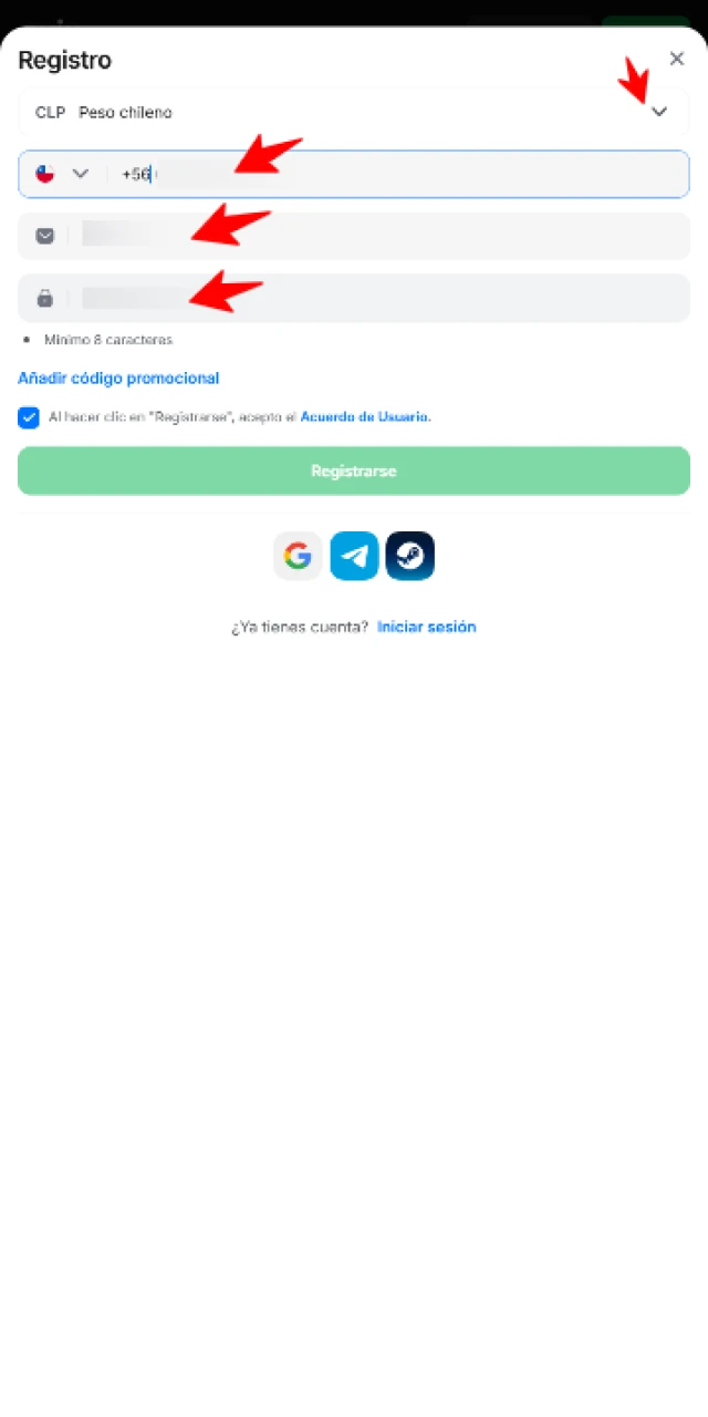 Llena los campos solicitados para completar tu perfil en 1win Chile.