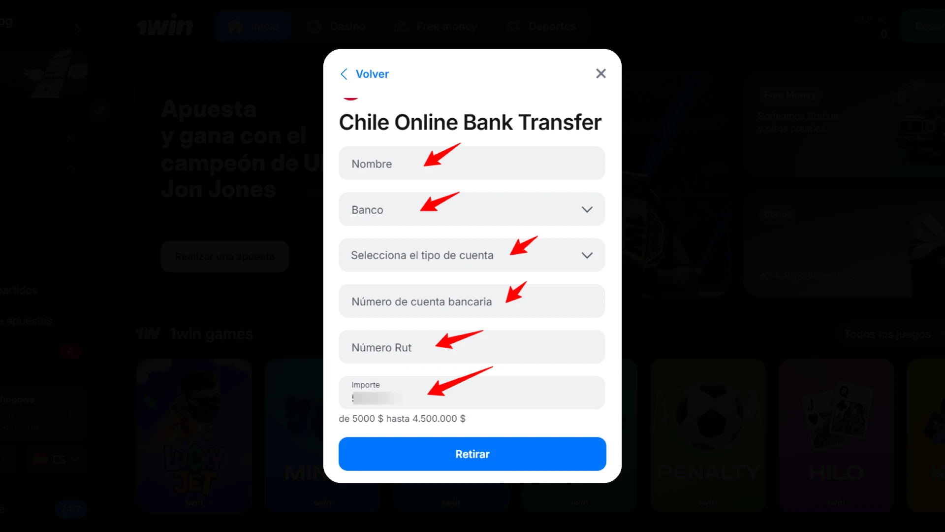 Especifica el monto a retirar y revisa tu saldo disponible en 1win.